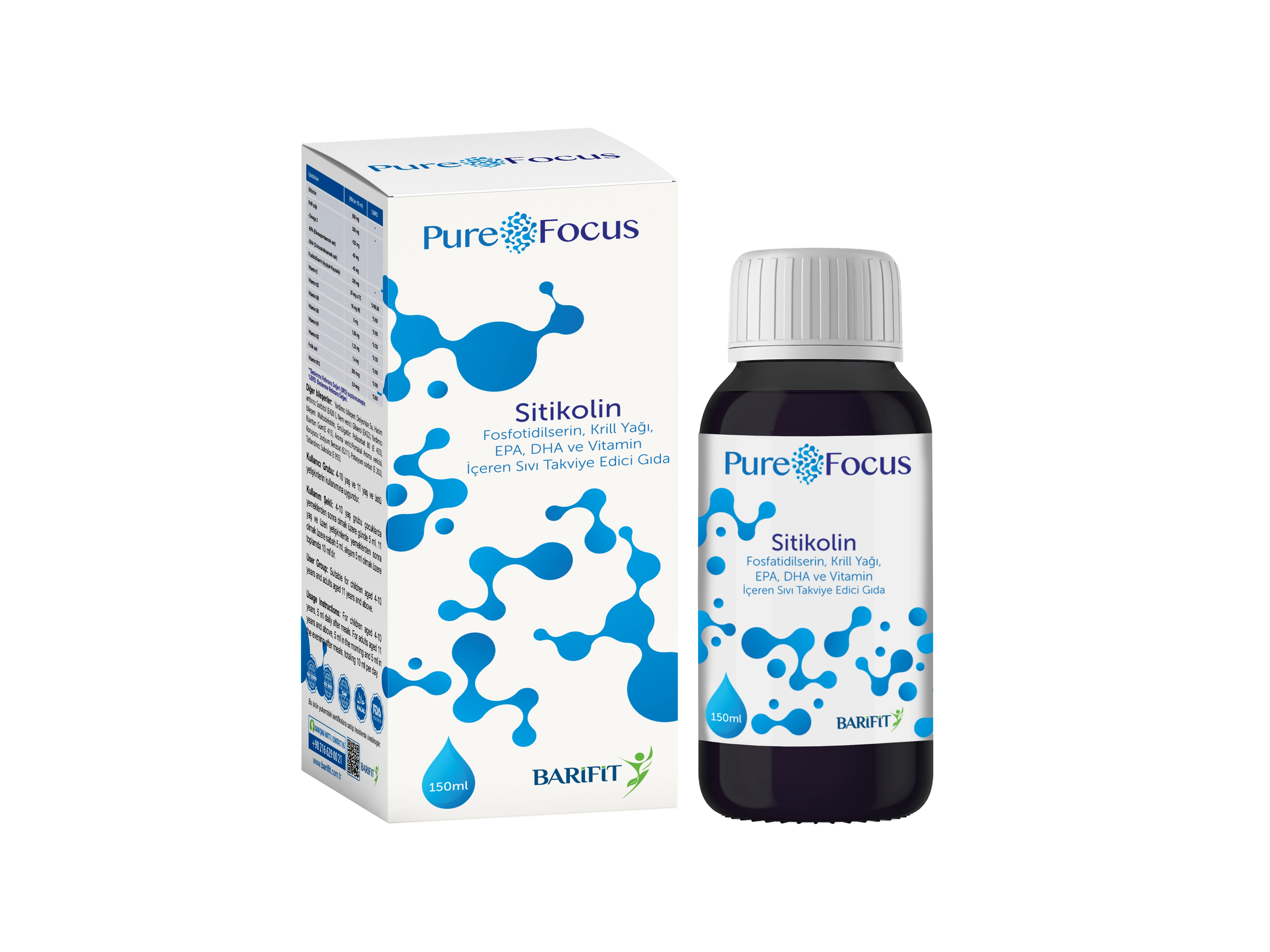 PUREFOCUS - PUREFOCUS Sitikolin, Fosfatidilserin, Krill Yağı, EPA, DHA ve Vitamin İçeren Sıvı Takviye Edici Gıda